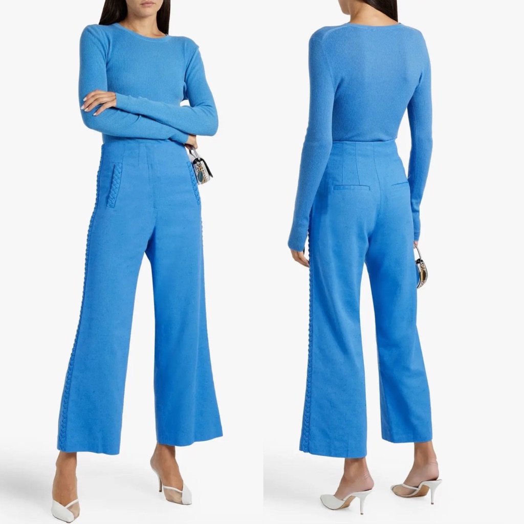 Veronica Beard High Waist Wide Leg Pants Blue Braided Trim